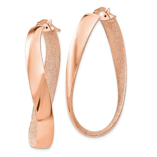 14k rose gold polished and satin twisted oval hoop earrings 45mm x 5mm