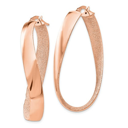 14k rose gold polished and satin twisted oval hoop earrings 45mm x 5mm