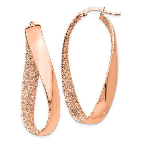14k rose gold polished and satin twisted oval hoop earrings 45mm x 5mm