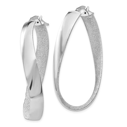 14k white gold polished and satin twisted oval hoop earrings 45mm x 5mm