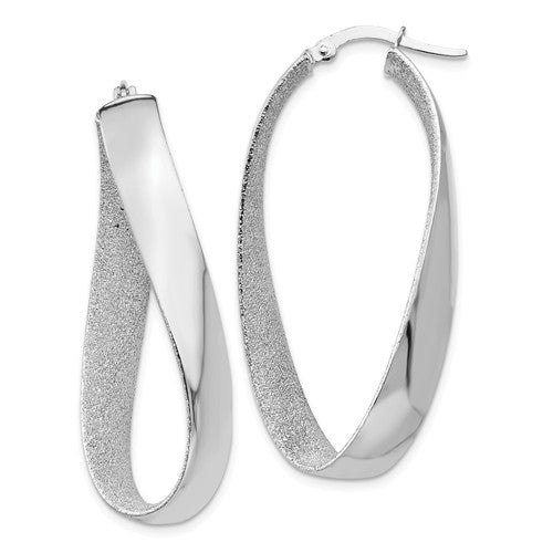 14k white gold polished and satin twisted oval hoop earrings 45mm x 5mm