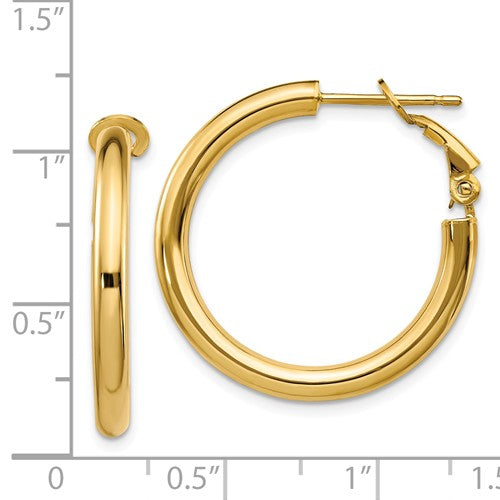 14k yellow gold round omega back hoop earrings 25mm x 3mm