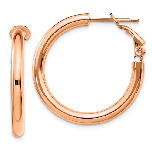 14k rose gold round omega back hoop earrings 25mm x 3mm