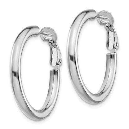 14k white gold round omega back hoop earrings 25mm x 3mm
