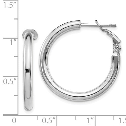 14k white gold round omega back hoop earrings 25mm x 3mm