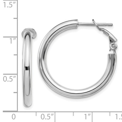 14k white gold round omega back hoop earrings 25mm x 3mm