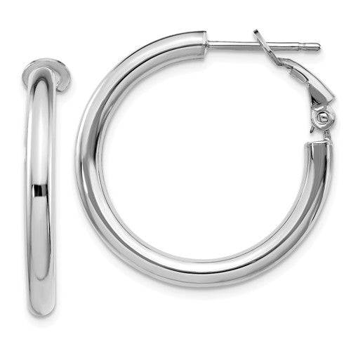 14k white gold round omega back hoop earrings 25mm x 3mm
