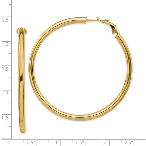 14k yellow gold round omega back hoop earrings 53mm x 3mm