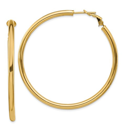 14k yellow gold round omega back hoop earrings 53mm x 3mm