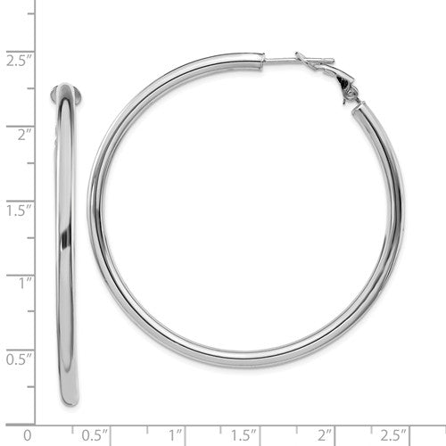 14k white gold round omega back hoop earrings 53mm x 3mm