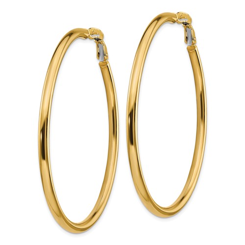 14k yellow gold round omega back hoop earrings 55mm x 3mm