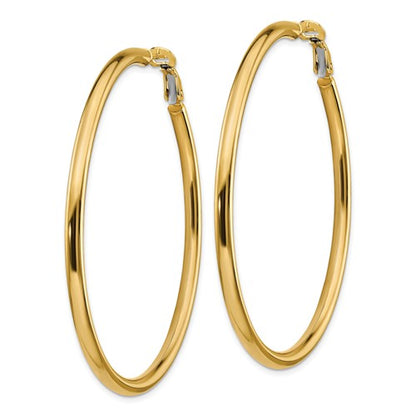 14k yellow gold round omega back hoop earrings 55mm x 3mm
