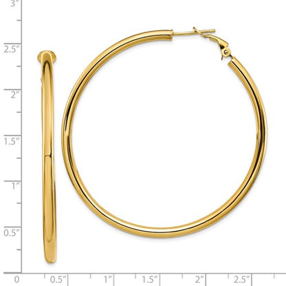 14k yellow gold round omega back hoop earrings 55mm x 3mm