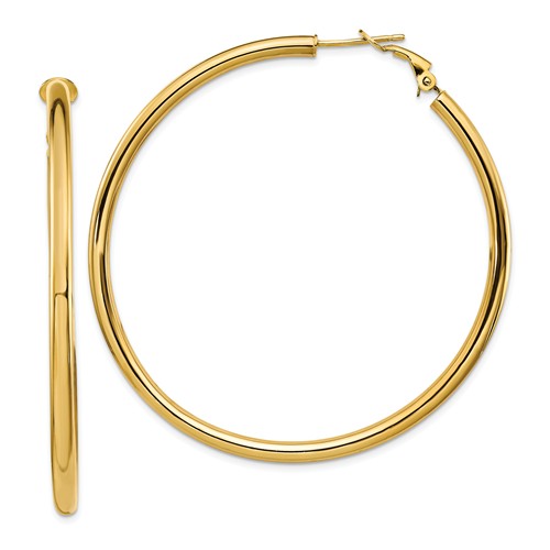 14k yellow gold round omega back hoop earrings 55mm x 3mm
