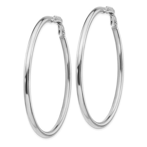 14k white gold round omega back hoop earrings 55mm x 3mm