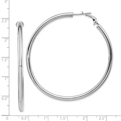 14k white gold round omega back hoop earrings 55mm x 3mm