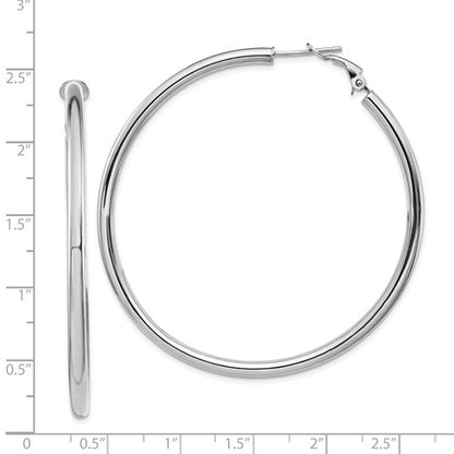 14k white gold round omega back hoop earrings 55mm x 3mm