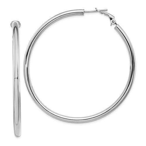 14k white gold round omega back hoop earrings 55mm x 3mm