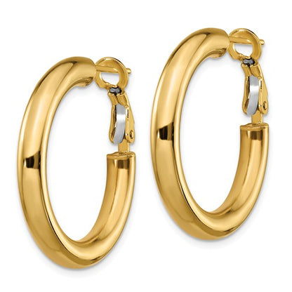 14k yellow gold round omega back hoop earrings 28mm x 4mm