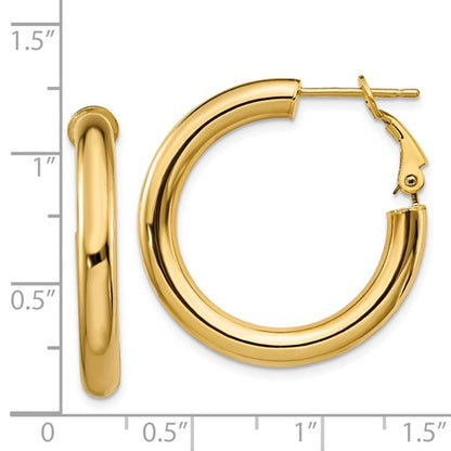 14k yellow gold round omega back hoop earrings 28mm x 4mm