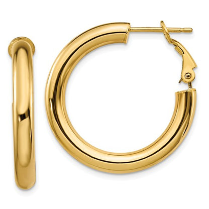 14k yellow gold round omega back hoop earrings 28mm x 4mm