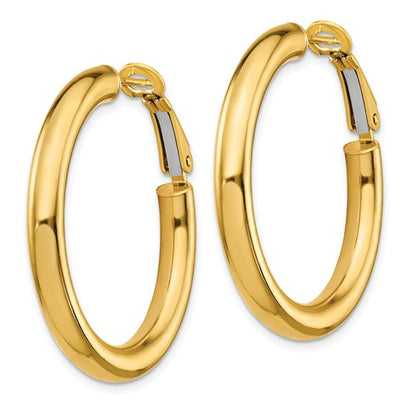 14k yellow gold round omega back hoop earrings 33mm x 4mm