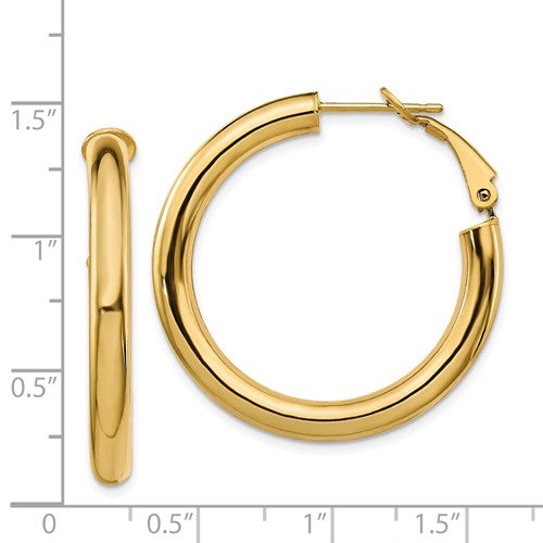 14k yellow gold round omega back hoop earrings 33mm x 4mm