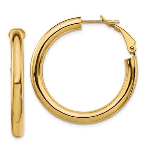 14k yellow gold round omega back hoop earrings 33mm x 4mm