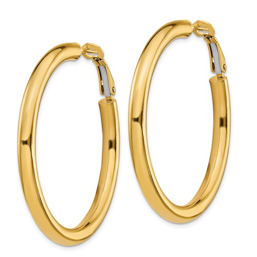 14k yellow gold round omega back hoop earrings 43mm x 4mm