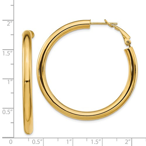 14k yellow gold round omega back hoop earrings 43mm x 4mm