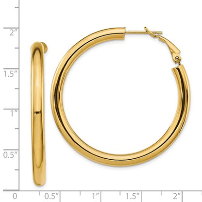 14k yellow gold round omega back hoop earrings 43mm x 4mm
