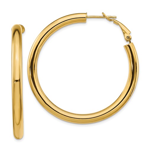 14k yellow gold round omega back hoop earrings 43mm x 4mm