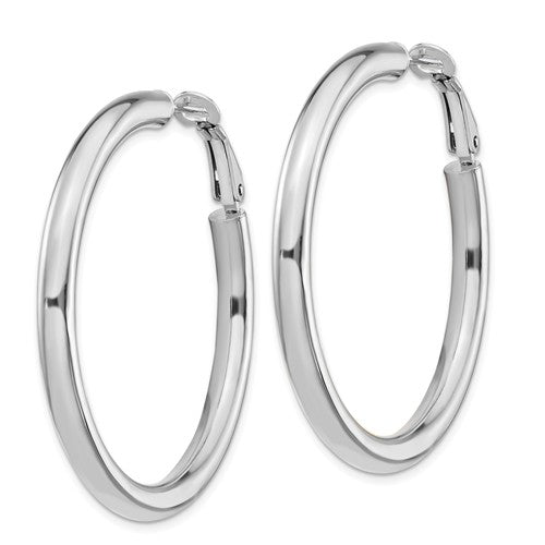 14k white gold round omega back hoop earrings 43mm x 4mm