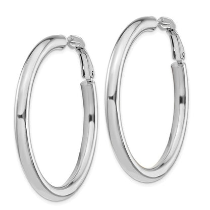 14k white gold round omega back hoop earrings 43mm x 4mm
