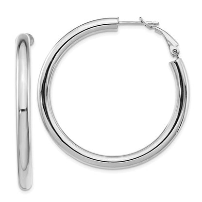 14k white gold round omega back hoop earrings 43mm x 4mm