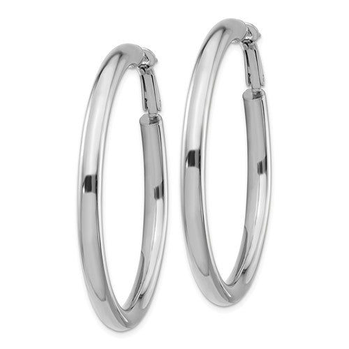 14k white gold round omega back hoop earrings 48mm x 4mm