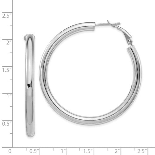 14k white gold round omega back hoop earrings 48mm x 4mm