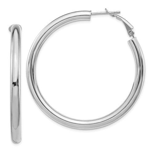 14k white gold round omega back hoop earrings 48mm x 4mm