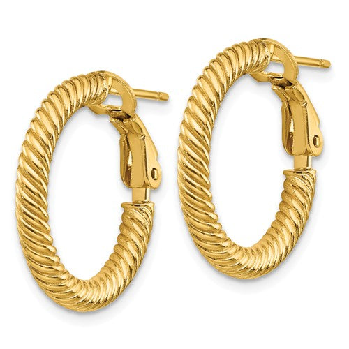 14k yellow gold twisted round omega back hoop earrings 20mm x 3mm