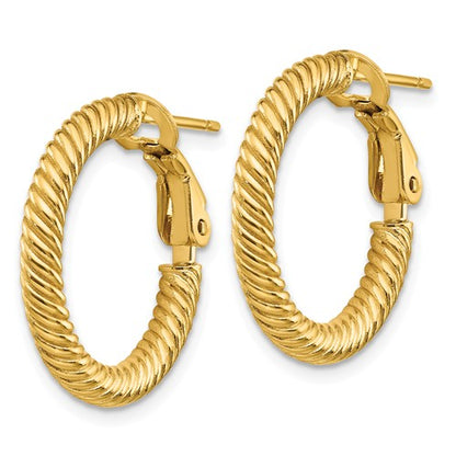 14k yellow gold twisted round omega back hoop earrings 20mm x 3mm