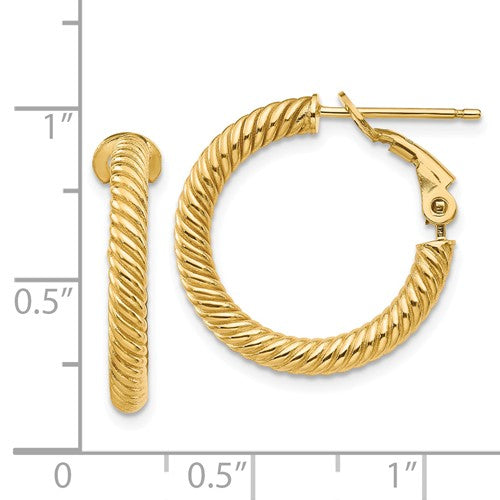 14k yellow gold twisted round omega back hoop earrings 20mm x 3mm