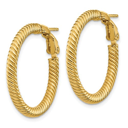14k yellow gold twisted round omega back hoop earrings 25mm x 3mm