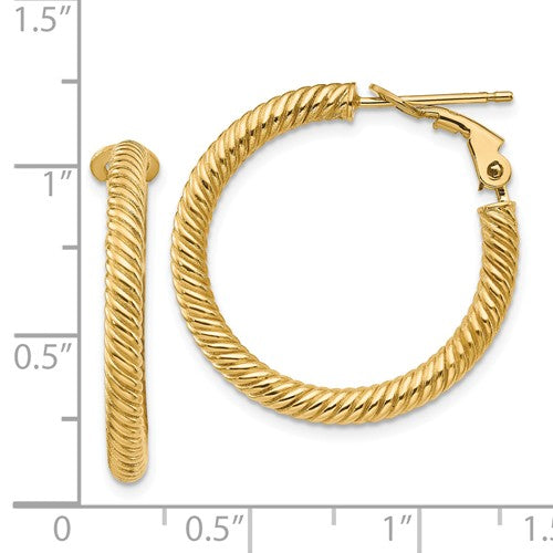 14k yellow gold twisted round omega back hoop earrings 25mm x 3mm