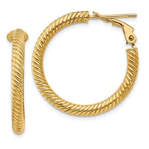 14k yellow gold twisted round omega back hoop earrings 25mm x 3mm