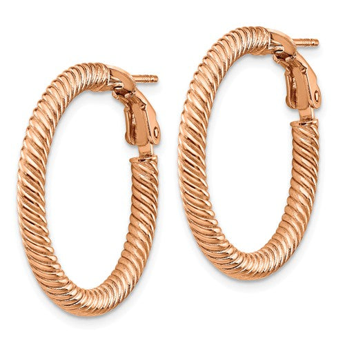 14k rose gold twisted round omega back hoop earrings 25mm x 3mm
