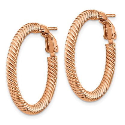 14k rose gold twisted round omega back hoop earrings 25mm x 3mm