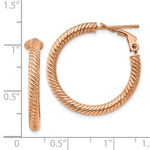 14k rose gold twisted round omega back hoop earrings 25mm x 3mm