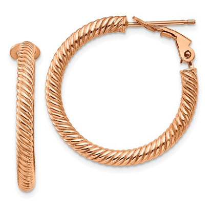 14k rose gold twisted round omega back hoop earrings 25mm x 3mm