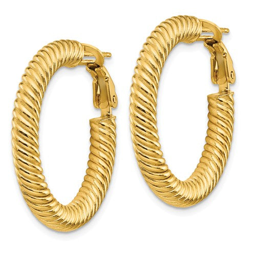 14k yellow gold twisted round omega back hoop earrings 27mm x 4mm