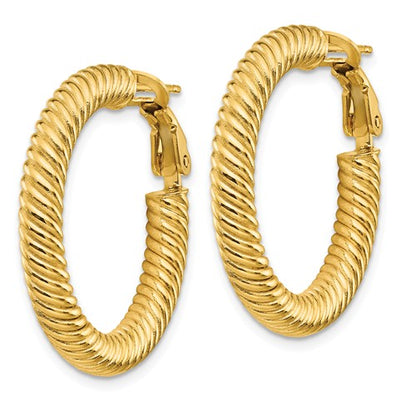 14k yellow gold twisted round omega back hoop earrings 27mm x 4mm
